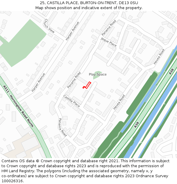 25, CASTILLA PLACE, BURTON-ON-TRENT, DE13 0SU: Location map and indicative extent of plot