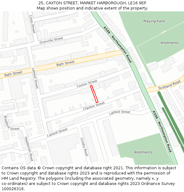 25, CAXTON STREET, MARKET HARBOROUGH, LE16 9EP: Location map and indicative extent of plot