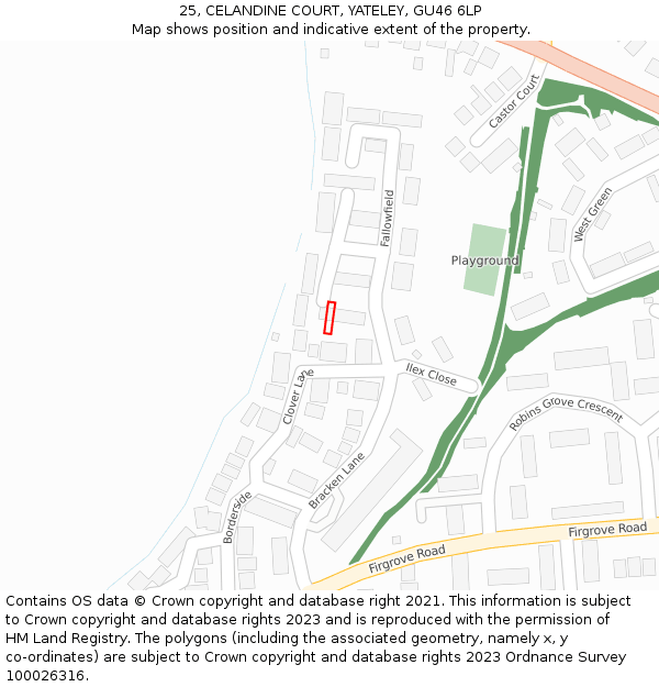 25, CELANDINE COURT, YATELEY, GU46 6LP: Location map and indicative extent of plot