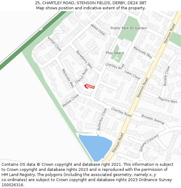 25, CHARTLEY ROAD, STENSON FIELDS, DERBY, DE24 3BT: Location map and indicative extent of plot
