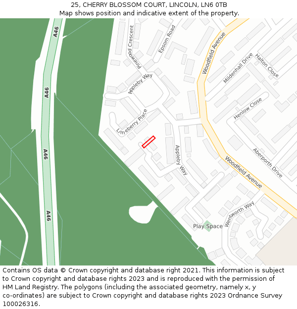 25, CHERRY BLOSSOM COURT, LINCOLN, LN6 0TB: Location map and indicative extent of plot