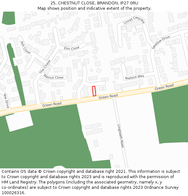 25, CHESTNUT CLOSE, BRANDON, IP27 0RU: Location map and indicative extent of plot