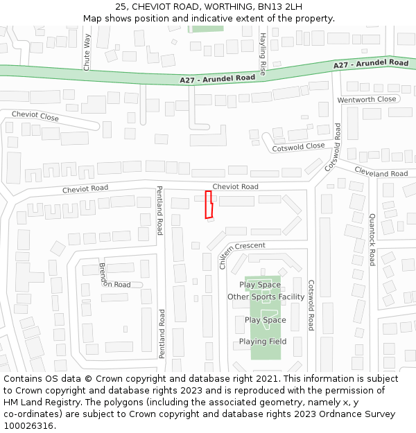 25, CHEVIOT ROAD, WORTHING, BN13 2LH: Location map and indicative extent of plot
