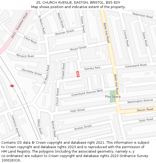 25, CHURCH AVENUE, EASTON, BRISTOL, BS5 6DY: Location map and indicative extent of plot