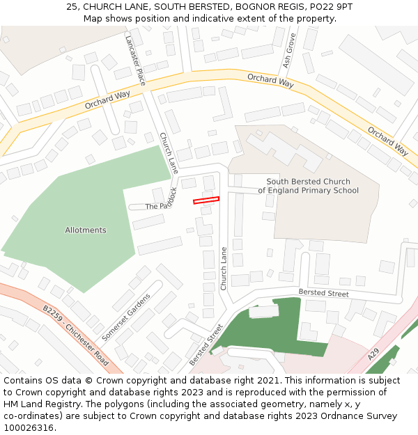 25, CHURCH LANE, SOUTH BERSTED, BOGNOR REGIS, PO22 9PT: Location map and indicative extent of plot