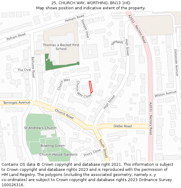 25, CHURCH WAY, WORTHING, BN13 1HD: Location map and indicative extent of plot