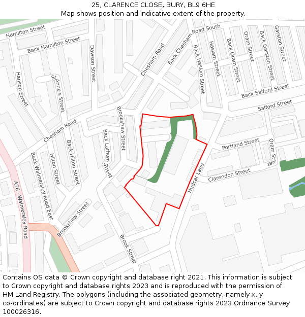 25, CLARENCE CLOSE, BURY, BL9 6HE: Location map and indicative extent of plot