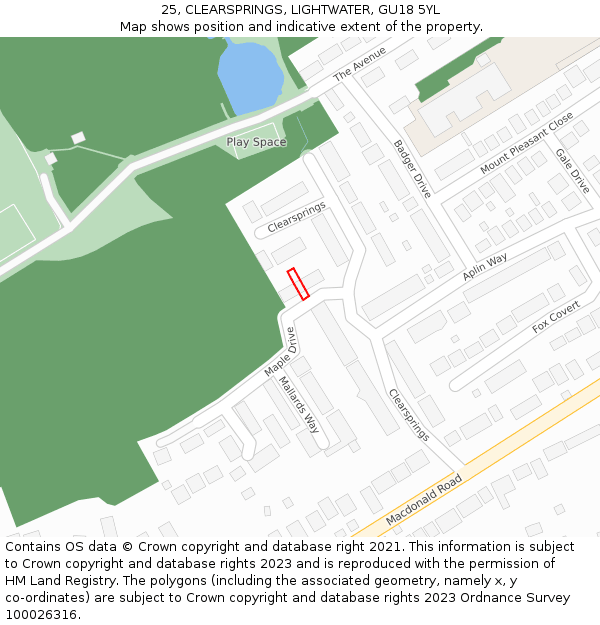 25, CLEARSPRINGS, LIGHTWATER, GU18 5YL: Location map and indicative extent of plot
