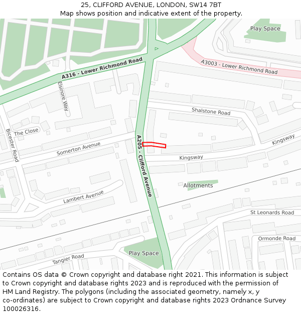 25, CLIFFORD AVENUE, LONDON, SW14 7BT: Location map and indicative extent of plot