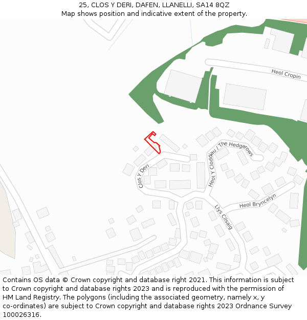 25, CLOS Y DERI, DAFEN, LLANELLI, SA14 8QZ: Location map and indicative extent of plot