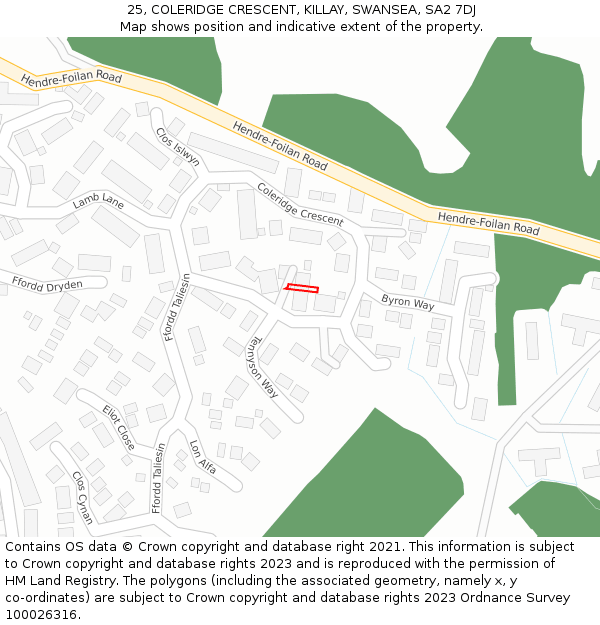 25, COLERIDGE CRESCENT, KILLAY, SWANSEA, SA2 7DJ: Location map and indicative extent of plot
