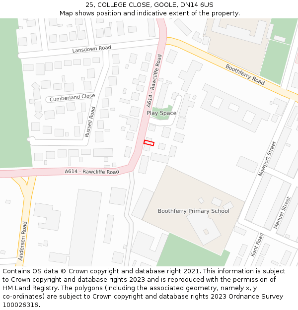 25, COLLEGE CLOSE, GOOLE, DN14 6US: Location map and indicative extent of plot