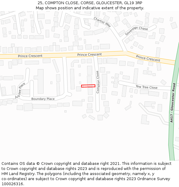 25, COMPTON CLOSE, CORSE, GLOUCESTER, GL19 3RP: Location map and indicative extent of plot