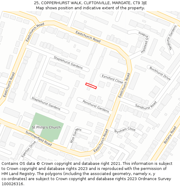 25, COPPERHURST WALK, CLIFTONVILLE, MARGATE, CT9 3JE: Location map and indicative extent of plot
