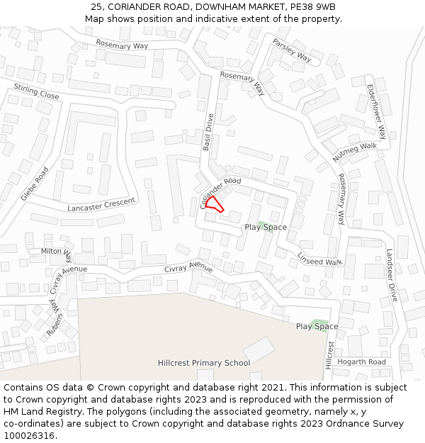 25, CORIANDER ROAD, DOWNHAM MARKET, PE38 9WB: Location map and indicative extent of plot