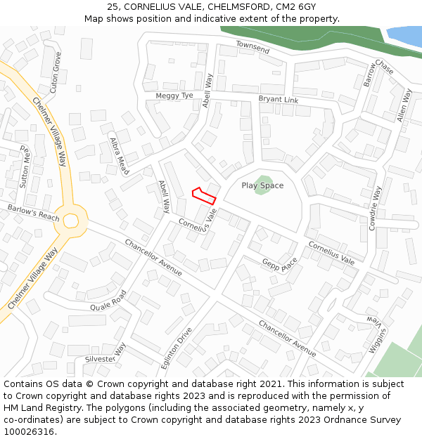 25, CORNELIUS VALE, CHELMSFORD, CM2 6GY: Location map and indicative extent of plot