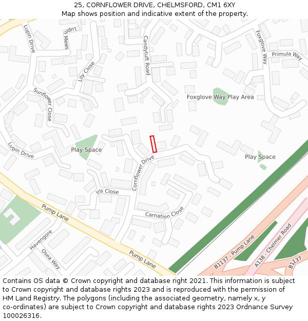 25, CORNFLOWER DRIVE, CHELMSFORD, CM1 6XY: Location map and indicative extent of plot