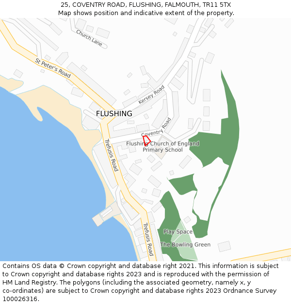 25, COVENTRY ROAD, FLUSHING, FALMOUTH, TR11 5TX: Location map and indicative extent of plot