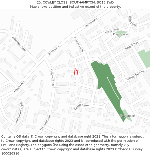 25, COWLEY CLOSE, SOUTHAMPTON, SO16 9WD: Location map and indicative extent of plot