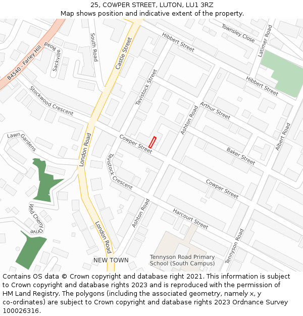 25, COWPER STREET, LUTON, LU1 3RZ: Location map and indicative extent of plot