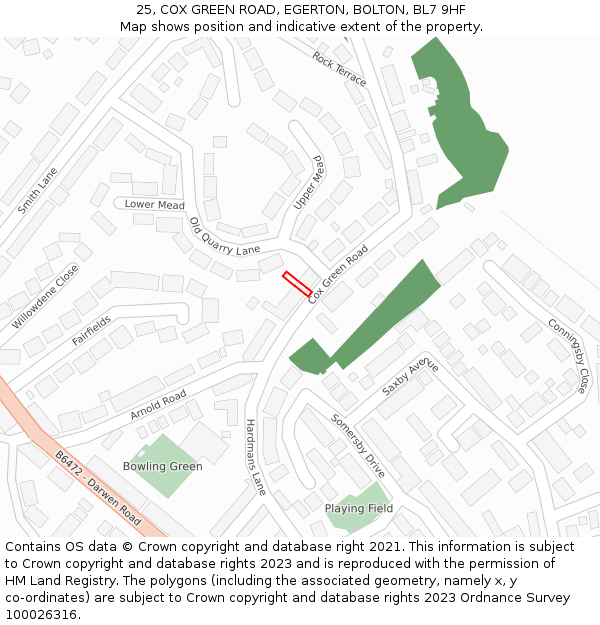 25, COX GREEN ROAD, EGERTON, BOLTON, BL7 9HF: Location map and indicative extent of plot