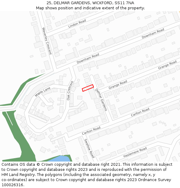 25, DELMAR GARDENS, WICKFORD, SS11 7NA: Location map and indicative extent of plot