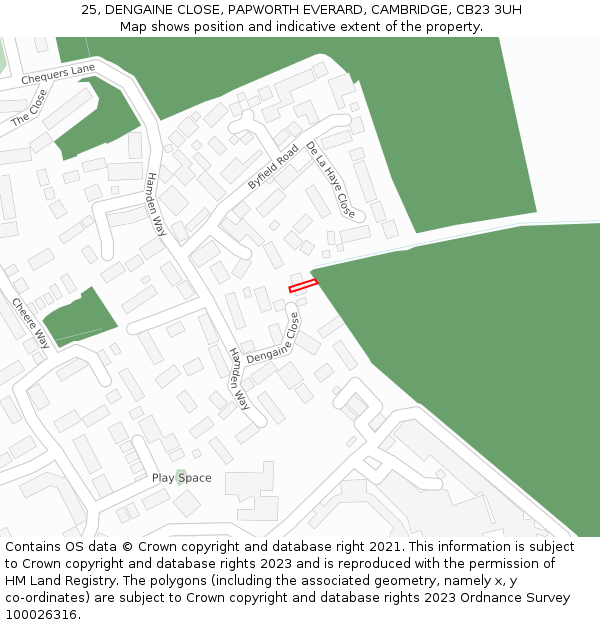 25, DENGAINE CLOSE, PAPWORTH EVERARD, CAMBRIDGE, CB23 3UH: Location map and indicative extent of plot
