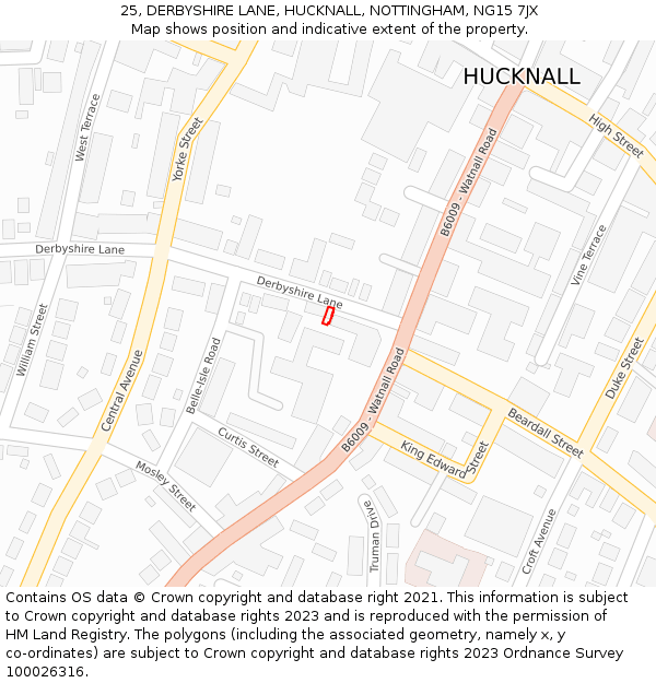 25, DERBYSHIRE LANE, HUCKNALL, NOTTINGHAM, NG15 7JX: Location map and indicative extent of plot