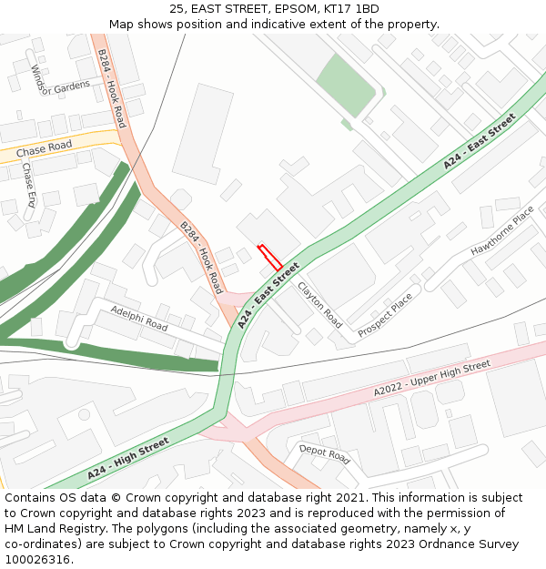 25, EAST STREET, EPSOM, KT17 1BD: Location map and indicative extent of plot