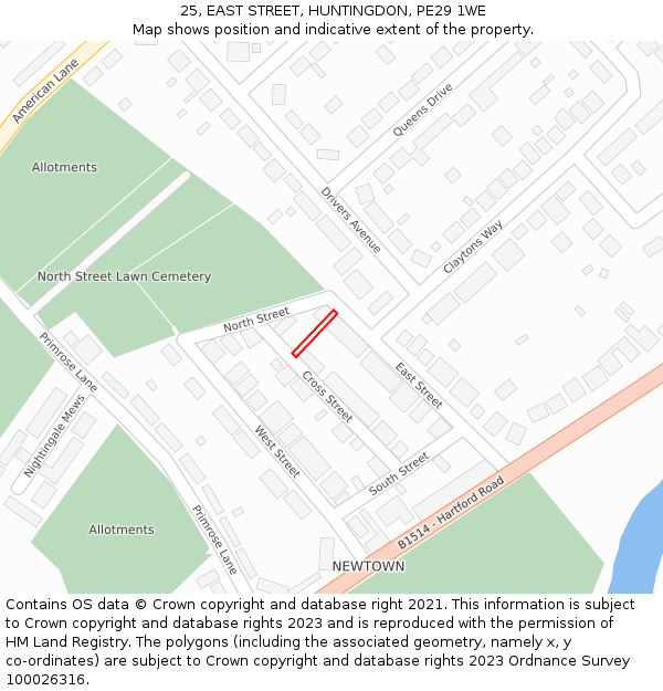 25, EAST STREET, HUNTINGDON, PE29 1WE: Location map and indicative extent of plot