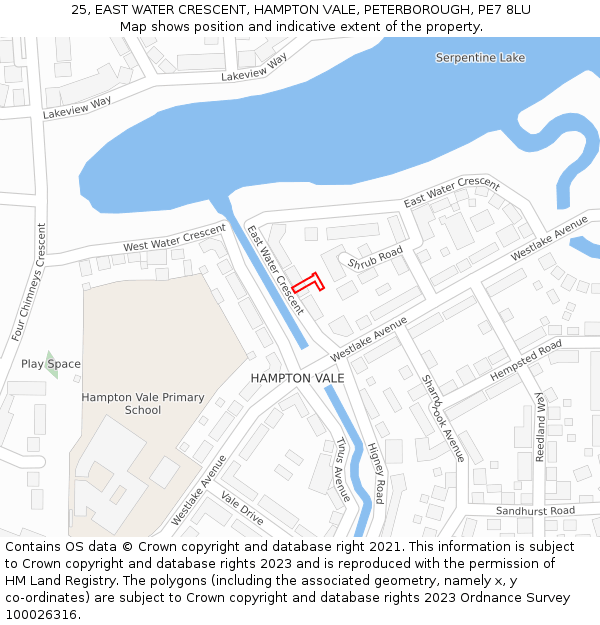 25, EAST WATER CRESCENT, HAMPTON VALE, PETERBOROUGH, PE7 8LU: Location map and indicative extent of plot