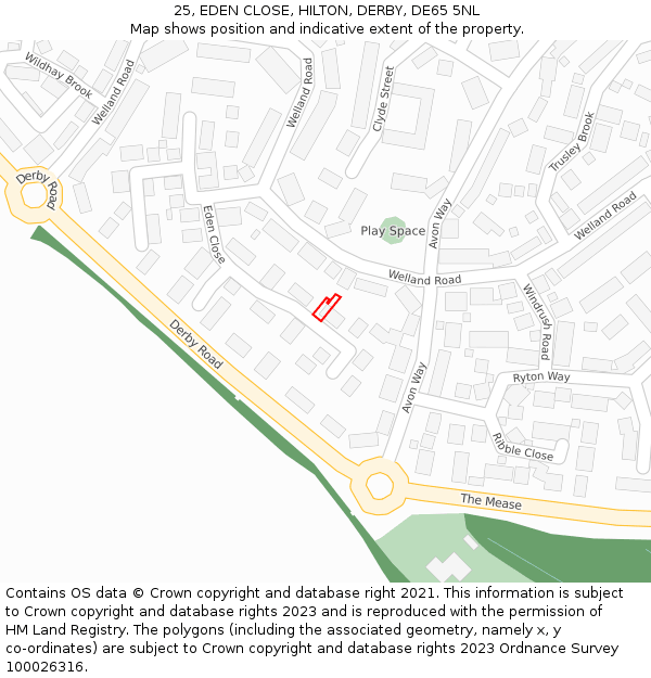 25, EDEN CLOSE, HILTON, DERBY, DE65 5NL: Location map and indicative extent of plot