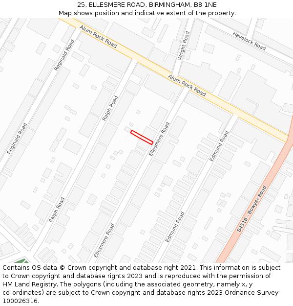 25, ELLESMERE ROAD, BIRMINGHAM, B8 1NE: Location map and indicative extent of plot