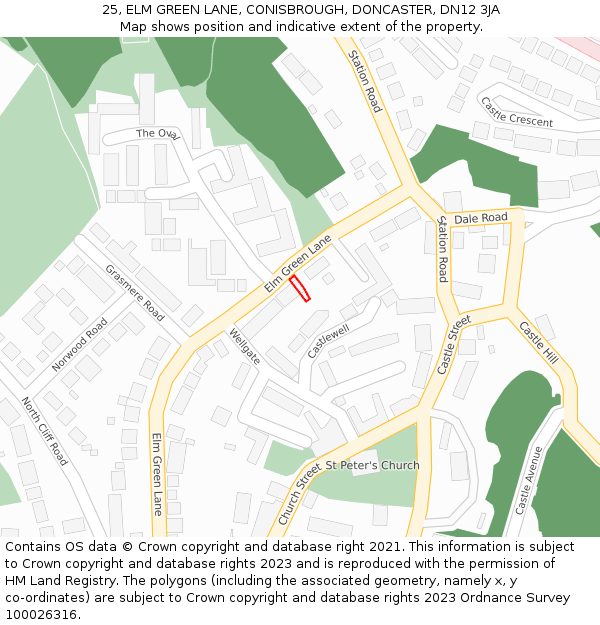 25, ELM GREEN LANE, CONISBROUGH, DONCASTER, DN12 3JA: Location map and indicative extent of plot
