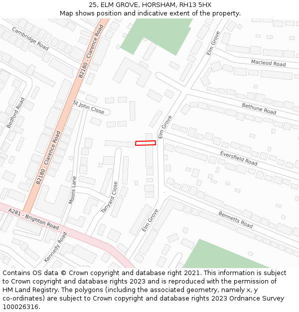 25, ELM GROVE, HORSHAM, RH13 5HX: Location map and indicative extent of plot