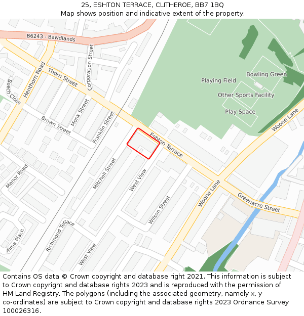 25, ESHTON TERRACE, CLITHEROE, BB7 1BQ: Location map and indicative extent of plot