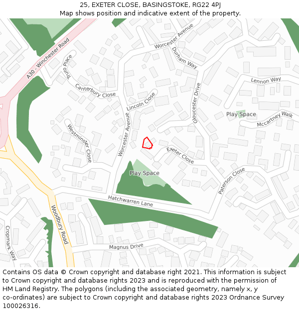 25, EXETER CLOSE, BASINGSTOKE, RG22 4PJ: Location map and indicative extent of plot