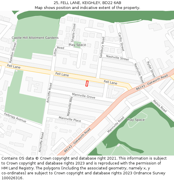 25, FELL LANE, KEIGHLEY, BD22 6AB: Location map and indicative extent of plot