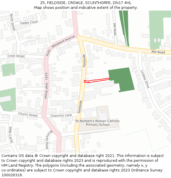 25, FIELDSIDE, CROWLE, SCUNTHORPE, DN17 4HL: Location map and indicative extent of plot