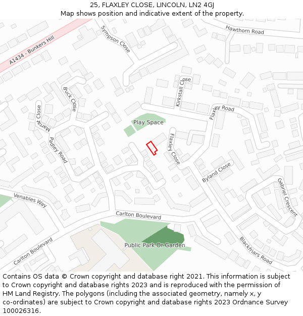 25, FLAXLEY CLOSE, LINCOLN, LN2 4GJ: Location map and indicative extent of plot