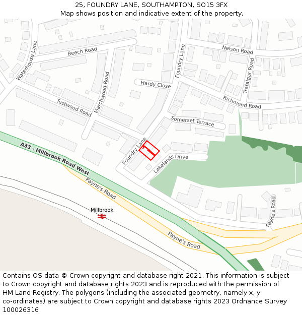25, FOUNDRY LANE, SOUTHAMPTON, SO15 3FX: Location map and indicative extent of plot