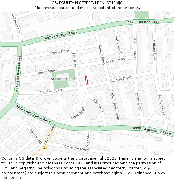 25, FOUNTAIN STREET, LEEK, ST13 6JS: Location map and indicative extent of plot