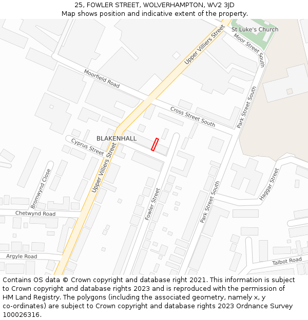 25, FOWLER STREET, WOLVERHAMPTON, WV2 3JD: Location map and indicative extent of plot