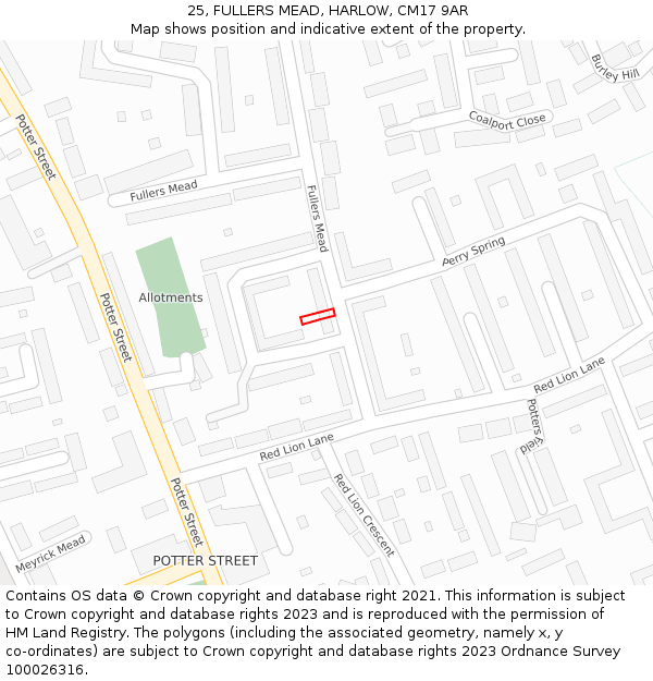 25, FULLERS MEAD, HARLOW, CM17 9AR: Location map and indicative extent of plot