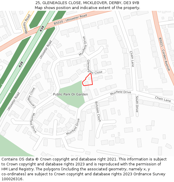 25, GLENEAGLES CLOSE, MICKLEOVER, DERBY, DE3 9YB: Location map and indicative extent of plot