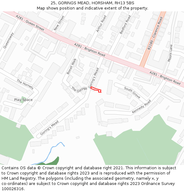 25, GORINGS MEAD, HORSHAM, RH13 5BS: Location map and indicative extent of plot