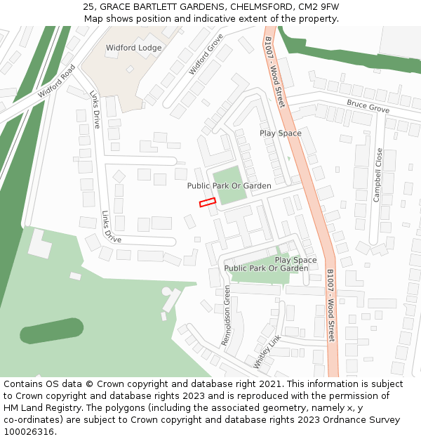 25, GRACE BARTLETT GARDENS, CHELMSFORD, CM2 9FW: Location map and indicative extent of plot