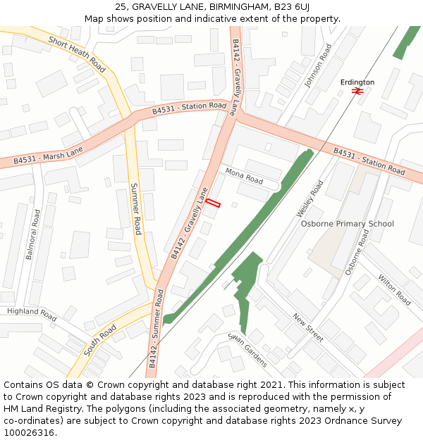 25, GRAVELLY LANE, BIRMINGHAM, B23 6UJ: Location map and indicative extent of plot