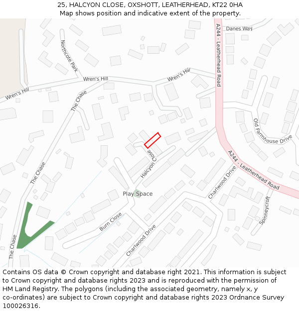 25, HALCYON CLOSE, OXSHOTT, LEATHERHEAD, KT22 0HA: Location map and indicative extent of plot