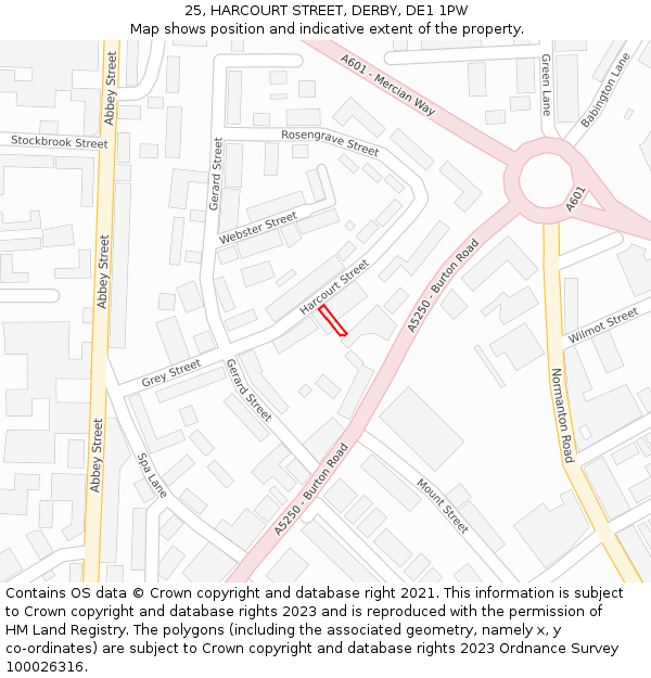 25, HARCOURT STREET, DERBY, DE1 1PW: Location map and indicative extent of plot